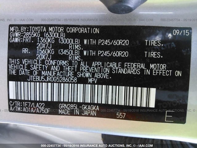 JTEBU5JR0G5286058 - 2016 TOYOTA 4RUNNER SR5 PREM/LTDL/TRAIL/TRD SILVER photo 9