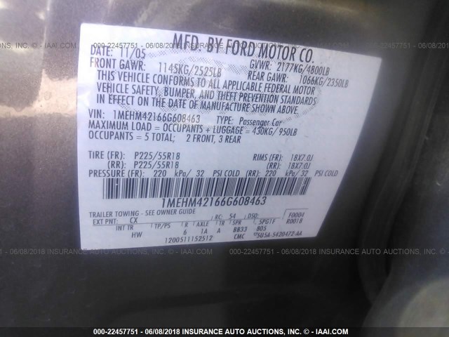 1MEHM42166G608463 - 2006 MERCURY MONTEGO PREMIER 灰色 照片 9