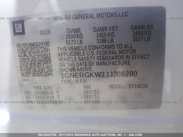 1GNERGKW2JJ205280 - 2018 CHEVROLET TRAVERSE LT WHITE photo 9