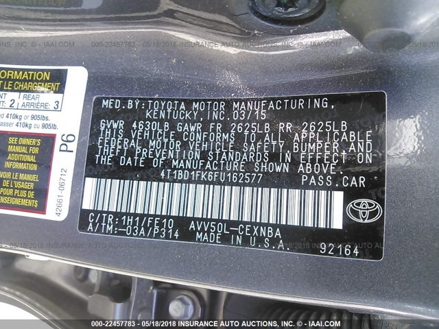 4T1BD1FK6FU162577 - 2015 TOYOTA CAMRY HYBRID/LE/XLE/SE GRAY photo 9