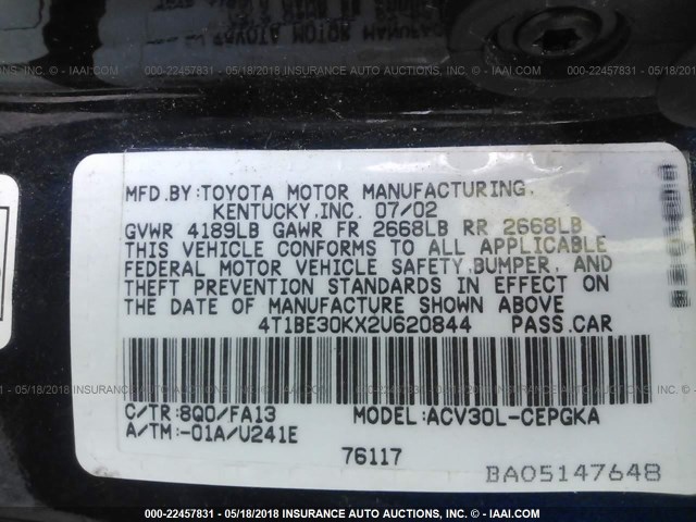4T1BE30KX2U620844 - 2002 TOYOTA CAMRY LE/XLE/SE BLUE photo 9
