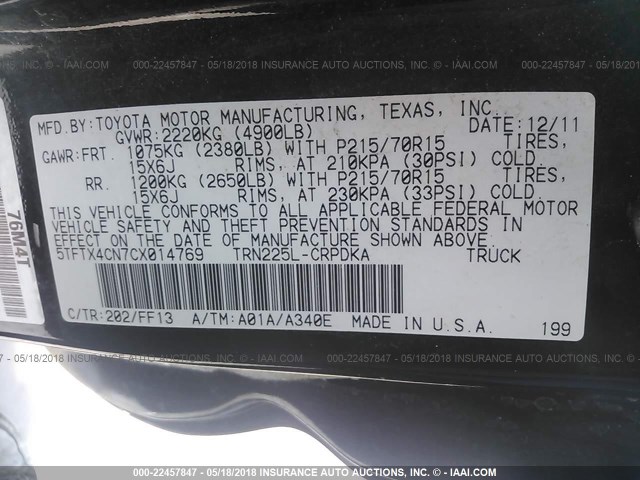 5TFTX4CN7CX014769 - 2012 TOYOTA TACOMA ACCESS CAB Schwarz Foto 9