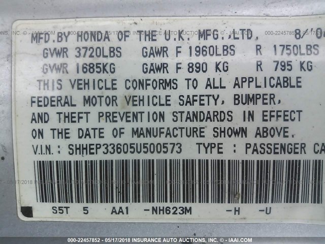 SHHEP33605U500573 - 2005 HONDA CIVIC SI SILVER photo 9