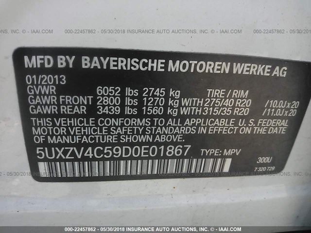 5UXZV4C59D0E01867 - 2013 BMW X5 XDRIVE35I WHITE photo 9
