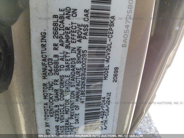 4T1BE32K63U200285 - 2003 TOYOTA CAMRY LE/XLE/SE ოქროსფერი ფოტო 9