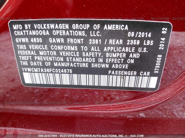 1VWCM7A36FC024875 - 2015 VOLKSWAGEN PASSAT SEL MAROON photo 9