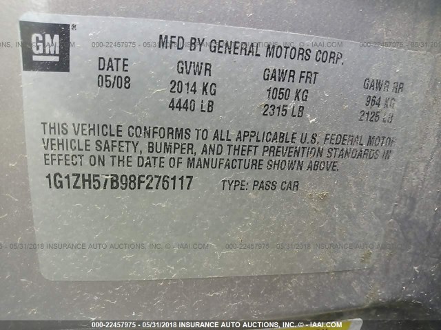 1G1ZH57B98F276117 - 2008 CHEVROLET MALIBU 1LT 锡色 照片 9