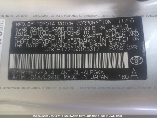 JTKDE177860105317 - 2006 TOYOTA SCION TC ვერცხლისფერი ფოტო 9