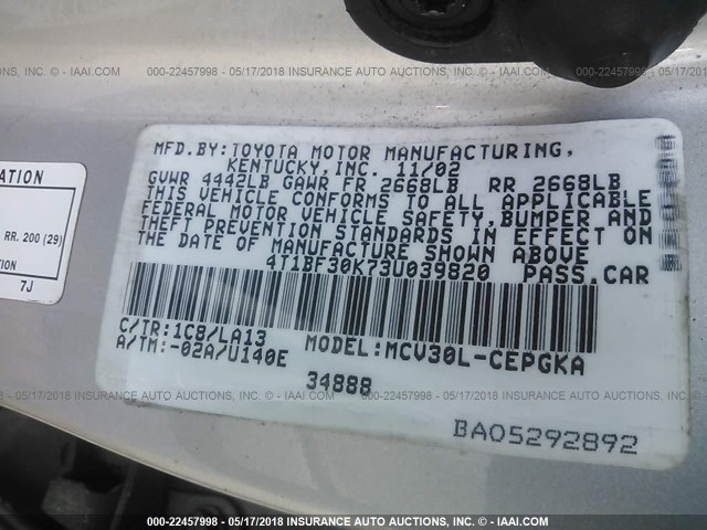 4T1BF30K73U039820 - 2003 TOYOTA CAMRY LE/XLE/SE GRAY photo 9