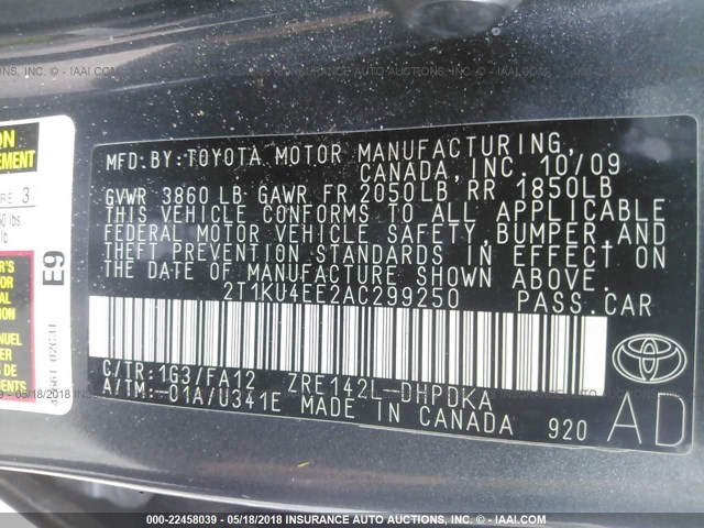 2T1KU4EE2AC299250 - 2010 TOYOTA COROLLA MATRIX  GRAY photo 9