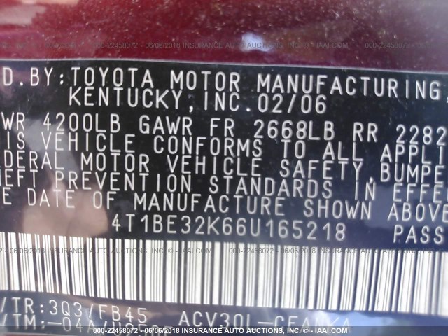 4T1BE32K66U165218 - 2006 TOYOTA CAMRY LE/XLE/SE 栗色 照片 9