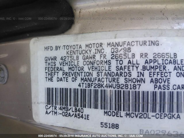 4T1BF28K4WU928187 - 1998 TOYOTA CAMRY CE/LE/XLE 金色 照片 9