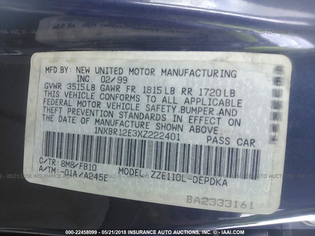 1NXBR12E3XZ222401 - 1999 TOYOTA COROLLA VE/CE/LE 蓝色 照片 9