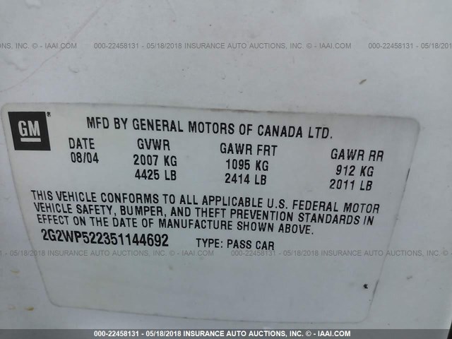 2G2WP522351144692 - 2005 PONTIAC GRAND PRIX WHITE photo 9