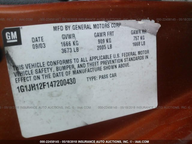 1G1JH12F147200430 - 2004 CHEVROLET CAVALIER LS SPORT ORANGE photo 9