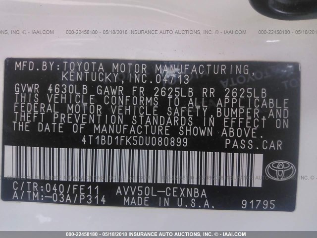 4T1BD1FK5DU080899 - 2013 TOYOTA CAMRY HYBRID/LE/XLE 白色 照片 9