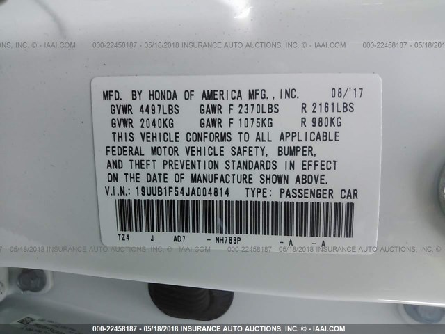 19UUB1F54JA004814 - 2018 ACURA TLX TECH WHITE photo 9