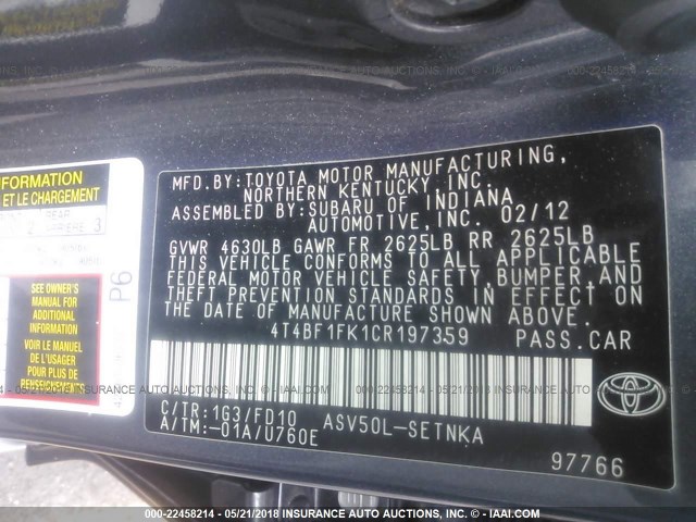 4T4BF1FK1CR197359 - 2012 TOYOTA CAMRY SE/LE/XLE 灰色 照片 9