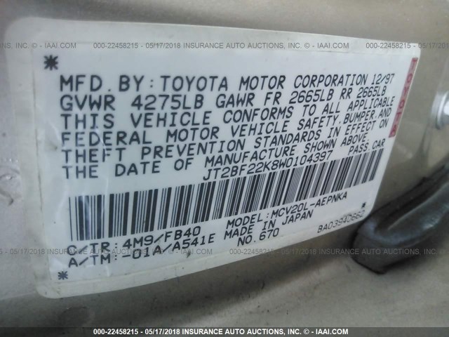 JT2BF22K8W0104397 - 1998 TOYOTA CAMRY CE/LE/XLE 米色 照片 9