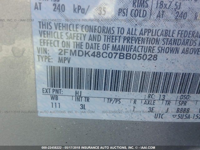 2FMDK48C07BB05028 - 2007 FORD EDGE SEL BLACK photo 9