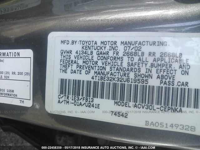 4T1BE32K32U619595 - 2002 TOYOTA CAMRY LE/XLE/SE ნაცრისფერი ფოტო 9