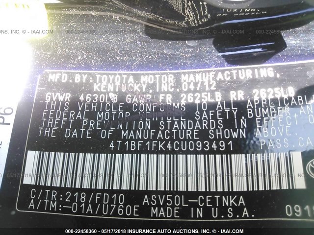 4T1BF1FK4CU093491 - 2012 TOYOTA CAMRY SE/LE/XLE შავი ფოტო 9