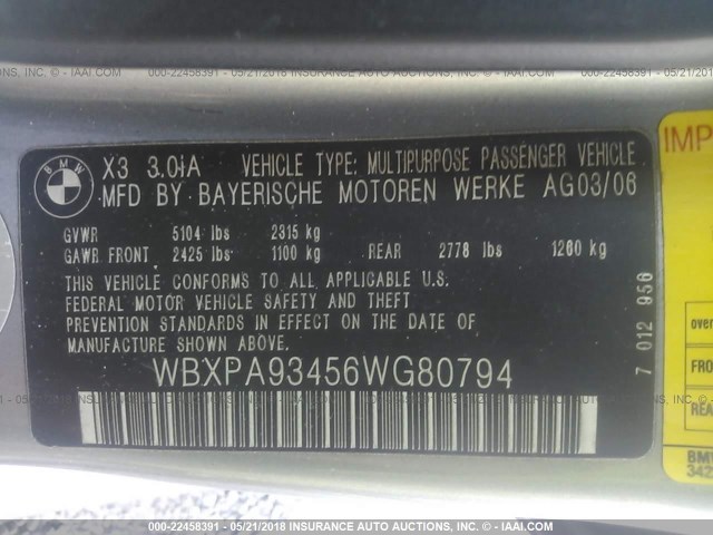 WBXPA93456WG80794 - 2006 BMW X3 3.0I GRAY photo 9