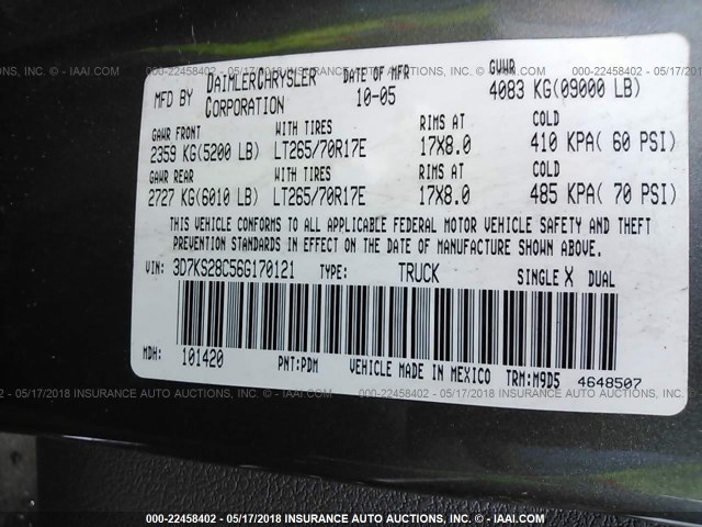 3D7KS28C56G170121 - 2006 DODGE RAM 2500 ST/SLT/LARAMIE ნაცრისფერი ფოტო 9