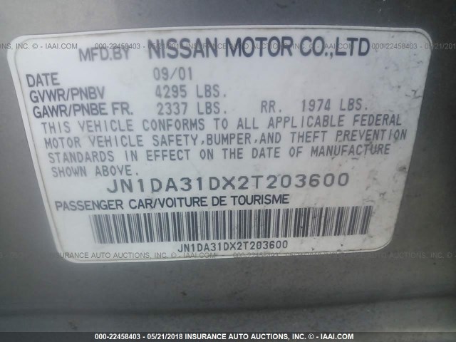 JN1DA31DX2T203600 - 2002 NISSAN MAXIMA GLE/GXE/SE BEIGE photo 9