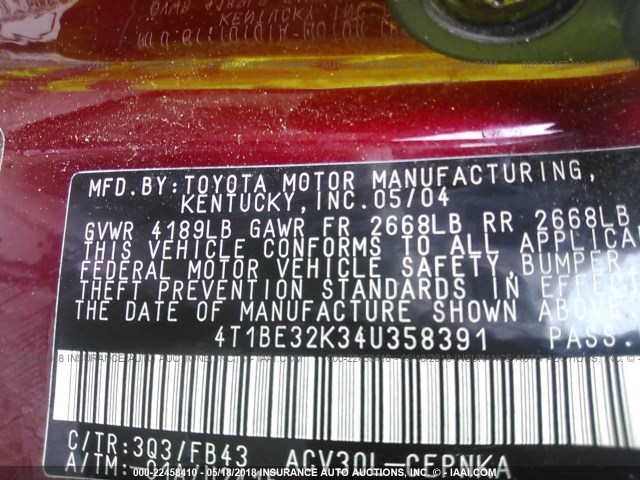 4T1BE32K34U358391 - 2004 TOYOTA CAMRY LE/XLE/SE ბურგუნდია ფოტო 9