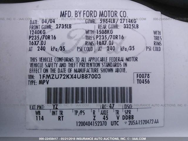 1FMZU72KX4UB87003 - 2004 FORD EXPLORER XLS/XLS SPORT 白色 照片 9