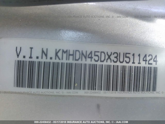 KMHDN45DX3U511424 - 2003 HYUNDAI ELANTRA GLS/GT SILVER photo 9