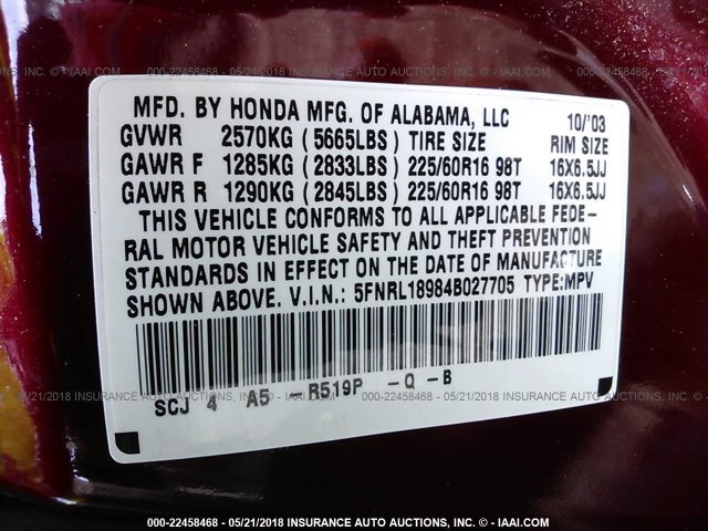 5FNRL18984B027705 - 2004 HONDA ODYSSEY EXL RED photo 9