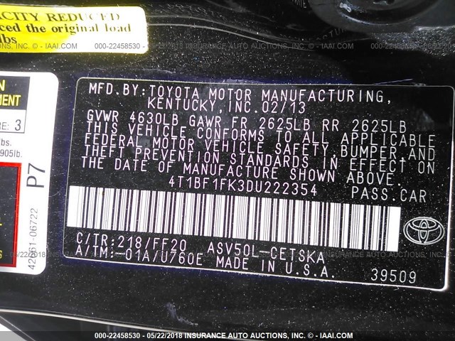 4T1BF1FK3DU222354 - 2013 TOYOTA CAMRY L/SE/LE/XLE 黑色 照片 9