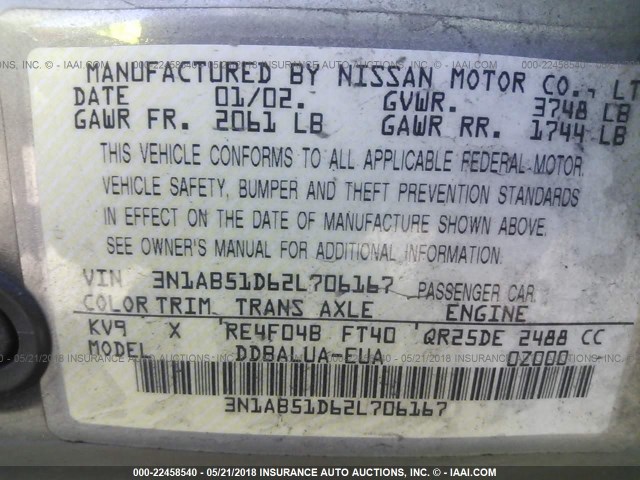 3N1AB51D62L706167 - 2002 NISSAN SENTRA SE-R SPEC V GRAY photo 9