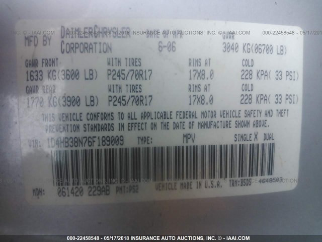 1D4HB38N76F189009 - 2006 DODGE DURANGO SXT SILVER photo 9