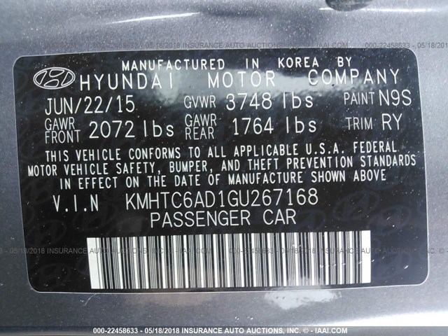 KMHTC6AD1GU267168 - 2016 HYUNDAI VELOSTER GRAY photo 9