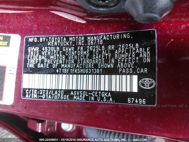 4T1BF1FK5HU631381 - 2017 TOYOTA CAMRY LE/XLE/SE/XSE BURGUNDY photo 9