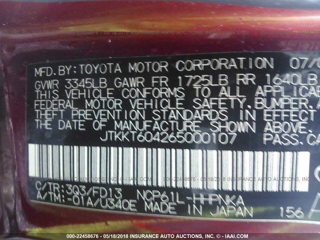 JTKKT604265000107 - 2006 TOYOTA SCION XA RED photo 9