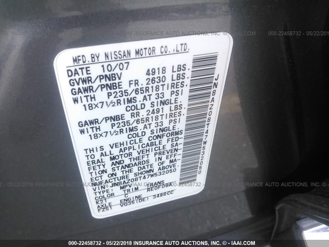 JN8AZ08T47W532050 - 2007 NISSAN MURANO SL/SE/S GRAY photo 9