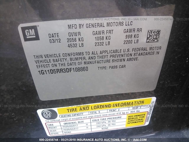 1G11D5RR3DF108860 - 2013 CHEVROLET MALIBU 1LT ნაცრისფერი ფოტო 9