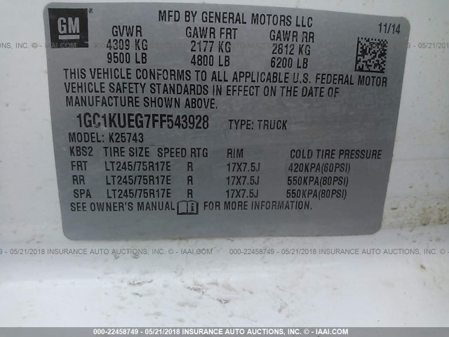 1GC1KUEG7FF543928 - 2015 CHEVROLET SILVERADO K2500 HEAVY DUTY WHITE photo 9