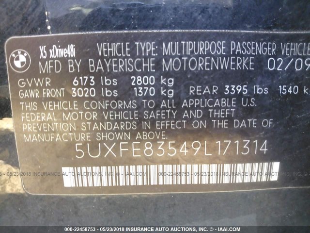 5UXFE83549L171314 - 2009 BMW X5 XDRIVE48I Qara foto 9