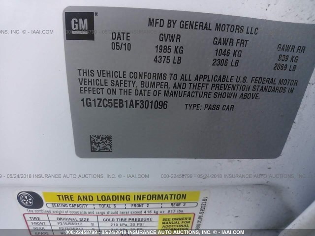 1G1ZC5EB1AF301096 - 2010 CHEVROLET MALIBU 1LT 白色 照片 9