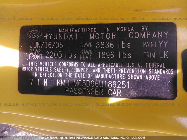 KMHHM65D96U189251 - 2006 HYUNDAI TIBURON GS YELLOW photo 9