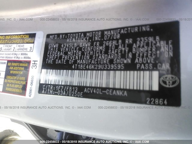 4T1BE46K29U339595 - 2009 TOYOTA CAMRY SE/LE/XLE 银色 照片 9