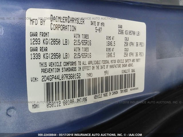 2D4GP44L07R360152 - 2007 DODGE GRAND CARAVAN SXT BLUE photo 9