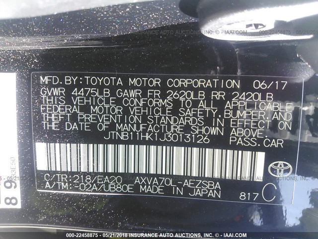 JTNB11HK1J3013126 - 2018 TOYOTA CAMRY L/LE/XLE/SE/XSE BLACK photo 9