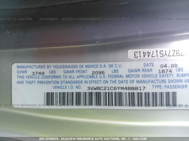 3VWBC21C6YM488817 - 2000 VOLKSWAGEN NEW BEETLE GL 银色 照片 9