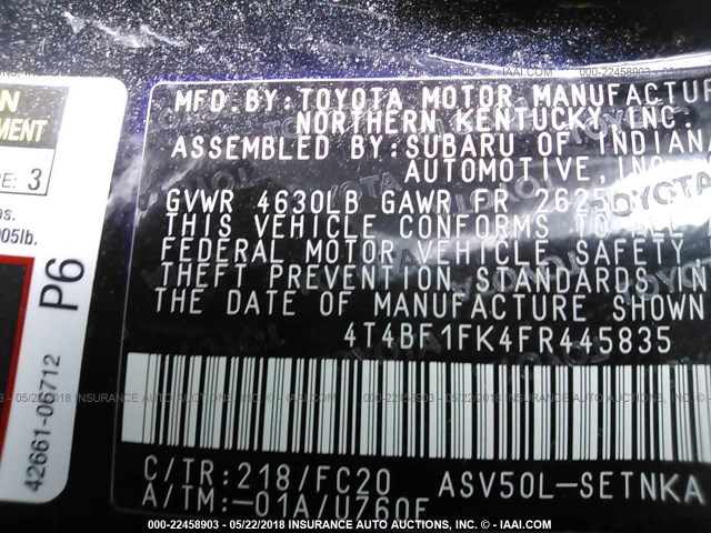 4T4BF1FK4FR445835 - 2015 TOYOTA CAMRY LE/XLE/SE/XSE შავი ფოტო 9